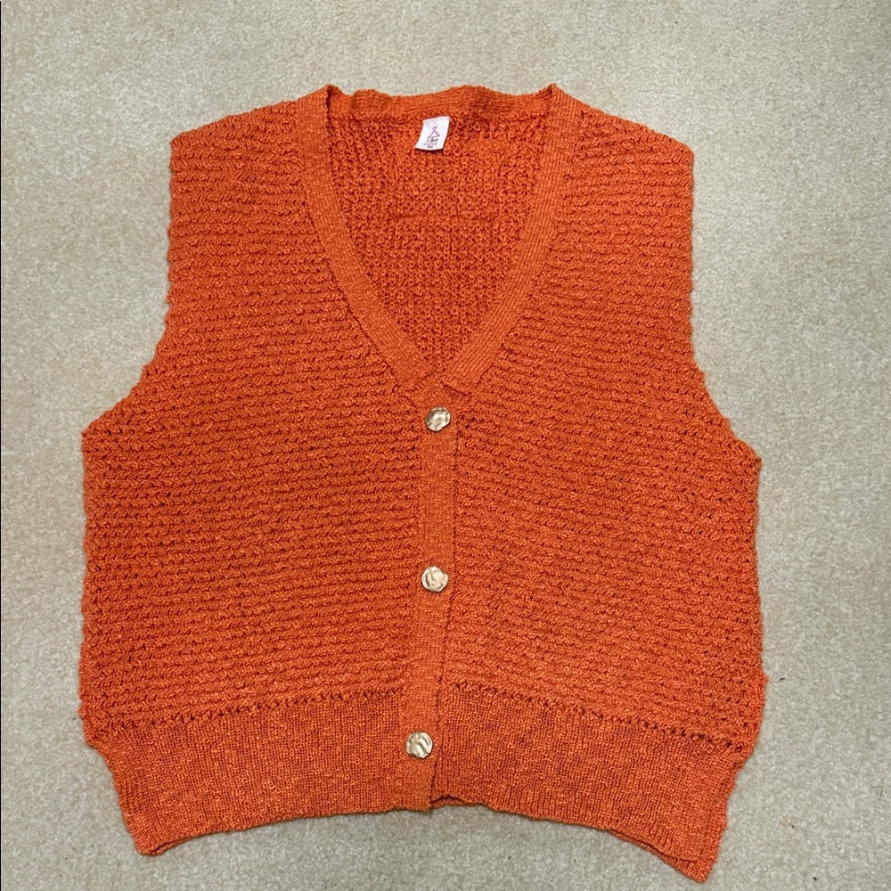 Orange Knit Button-Up Sweater Vest